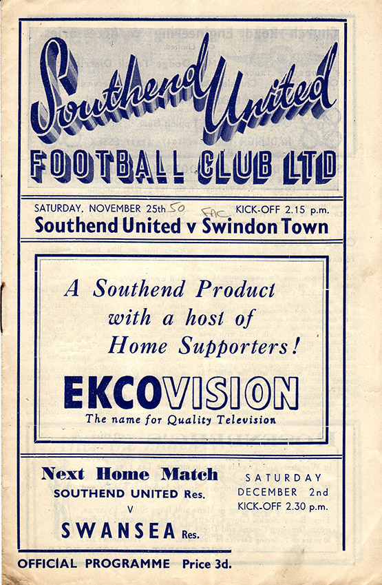 <b>Saturday, November 25, 1950</b><br />vs. Southend United (Away)